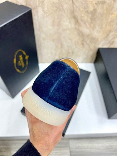 Prada Navy Blue Suede Triangle Logo Loafers