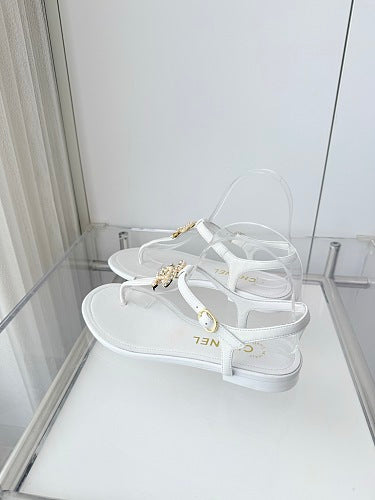 Chanel White CC Thong Slingback Sandals
