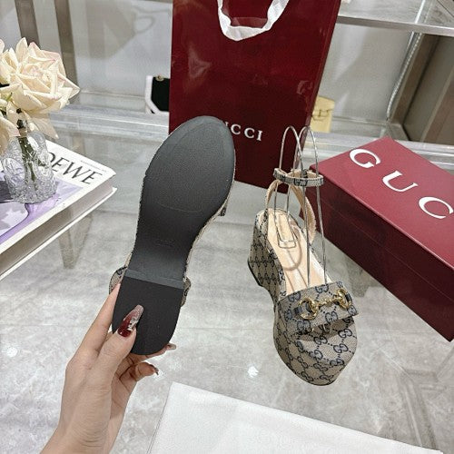 Gucci GG Supreme Horsebit Platform Wedge Sandals