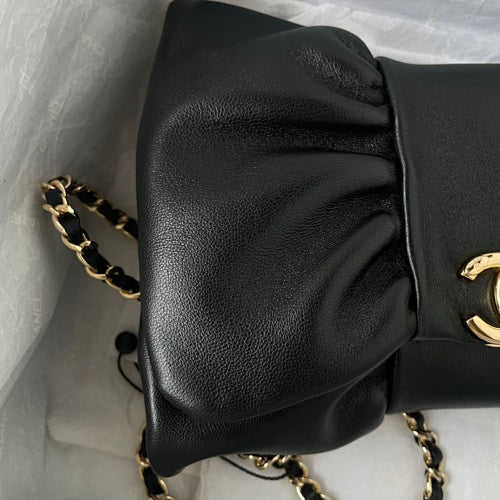 Chanel Metallic Black Ruched Flap Bag / Chain Shoulder Bag.