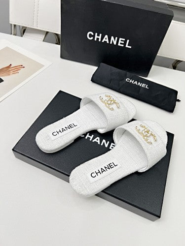 Chanel CC Chain Tweed Flat Slide Sandals