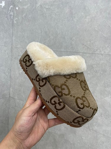 Gucci GG Canvas Shearling-Lined Mule Slippers