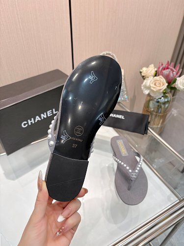 Chanel Pearl-Embellished CC Thong Sandals / Flip-Flops