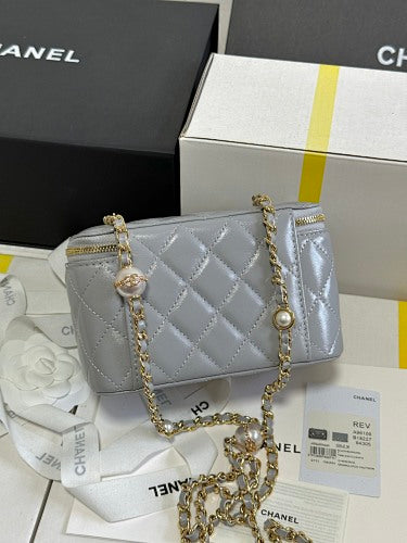 Chanel Silver Metallic Quilted Vanity Case
