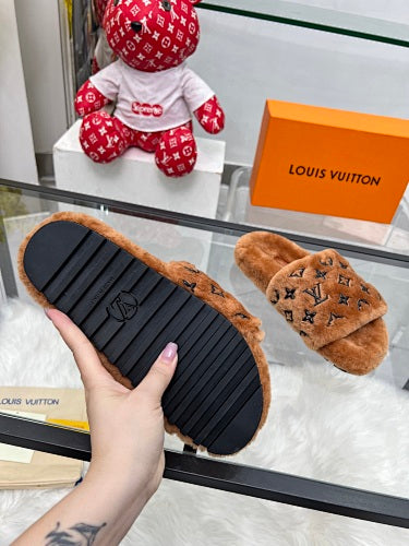 Louis Vuitton Monogram Shearling/Fur Slides