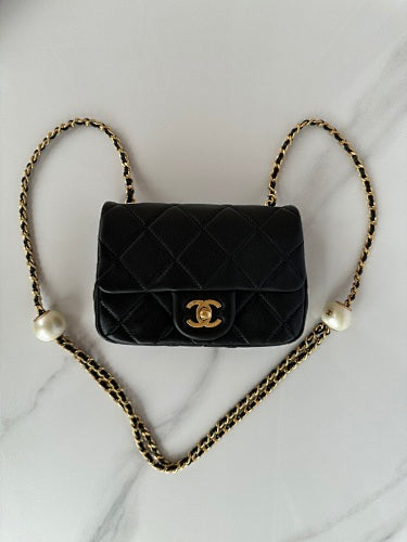 Chanel Black Quilted Flap Bag with Pearl-Embellished Chain Strap