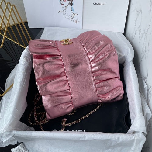 Chanel Metallic Pink Ruched Flap Bag / Chain Shoulder Bag