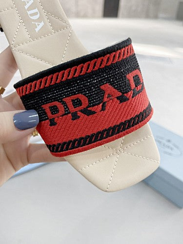 Prada Logo Embroidered Woven Slide Sandals