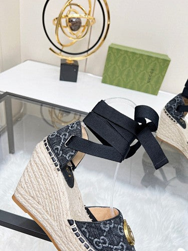 Gucci GG Denim Double G Platform Espadrille Wedges